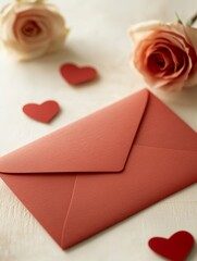 A romantic red envelope surrounded by red heart decorations and soft pink roses, creating a warm and elegant love-themed setting.

