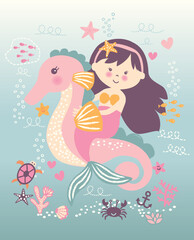 Cute cartoon mermaid character in vector illustration for baby girl t-shirt design