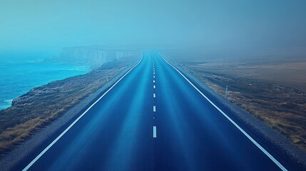 Empty coastal road disappearing into the fog.
