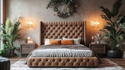 Luxurious brown leather bed in modern bedroom