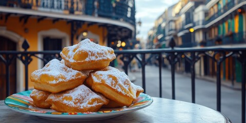 Delicious Beignets with Powdered Sugar on Plate, Cafe Balcony View, in French Quarter, New Orleans - Iconic Pastries with Scenic Architecture and Culture