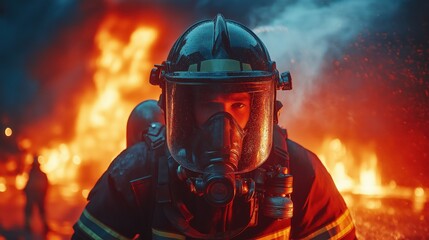 A brave firefighter sprays water to extinguish a large fire, wearing protective gear created by ai
