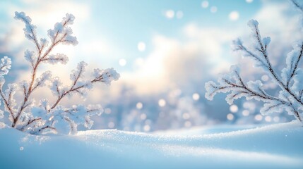 Snowy winter landscape with ice crystals on branches. Frozen branches stand on snow-covered ground. Soft focus in background creates peaceful winter scene. Blue sky, sunlight create serene, frosty