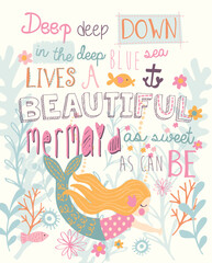 Cute cartoon mermaid character in vector illustration for baby girl t-shirt design