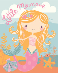 Cute cartoon mermaid character in vector illustration for baby girl t-shirt design