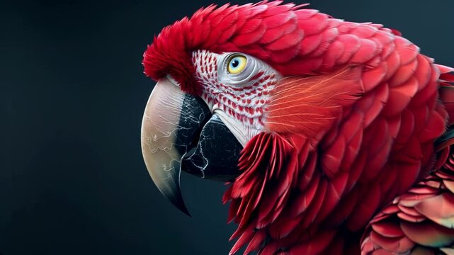 Portrait of a parrot close-up. Head of a red macaw parrot on a black background. Horizontal banner copyspace