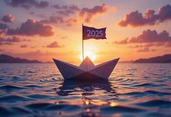 A paper boat with a 2025 flag sails on calm ocean water during a vibrant sunset, symbolizing a journey into the new year.