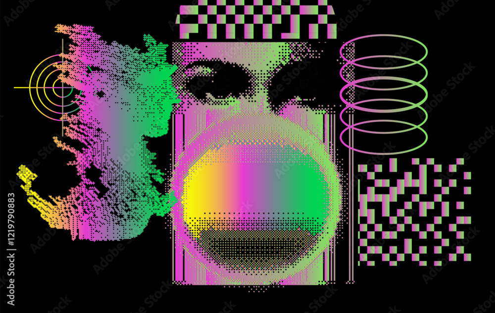 Aufkleber brutalism style vector graphic collage with simple geometric shapes, grunge style wavy texture and d