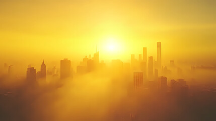 Golden hour skyline cityscape buildings sunlight. Amber Horizon. Illustration