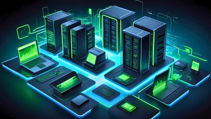 A visually stunning representation of backup solutions. The scene includes a central glowing cloud icon surrounded by interconnected elements such as server racks, PCs, laptops, and smartphones.