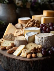 Wooden platter displays assorted cheeses, breads. Fresh grapes, walnuts add textures, colors to gourmet cheese selection. Natural organic dairy products arranged artfully on rustic wooden surface.