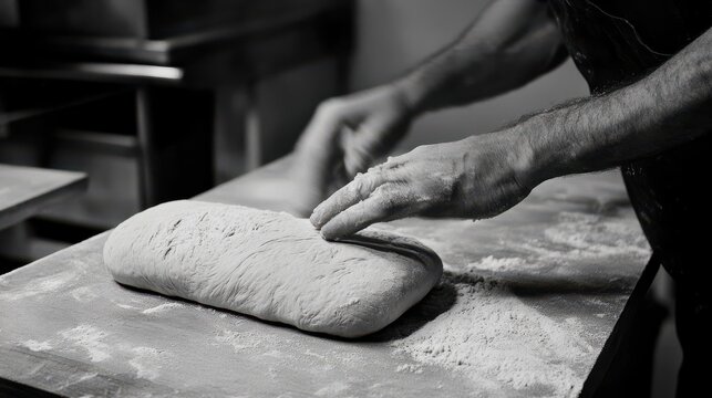 A baker's hands skillfully kneading dough on a floured surface, showcasing the art of breadmaking in a serene and focused environment.