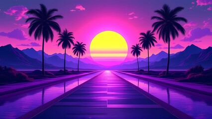 A Vibrant Sunset With Palm Trees Silhouetted Against a Glowing Neon Sky and a Winding Road Leading Into the Horizon