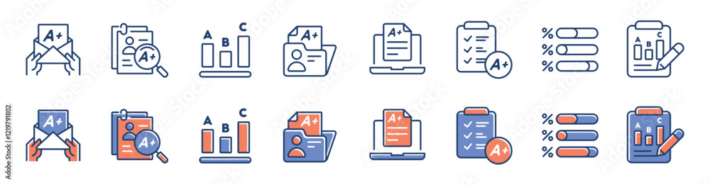 Poster online exam test icon line set education school quiz task evaluation grade score pass questionnaire 