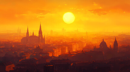 Naklejka premium Vibrant cityscape bathed in warm orange-yellow hues as a brilliant sun sets over the horizon. Amber Horizon. Illustration