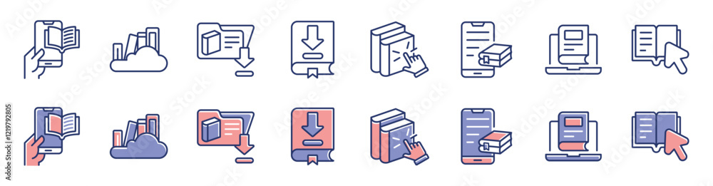 Aufkleber education online library icon line set read and learn book course download arrow digital e-book jour