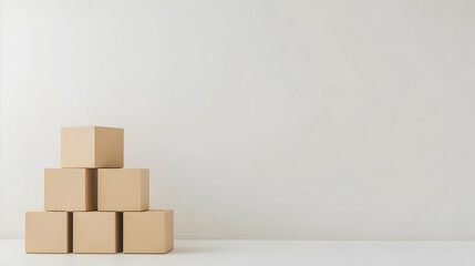 Cardboard boxes stacked against white wall.  Use Packaging, storage, or shipping