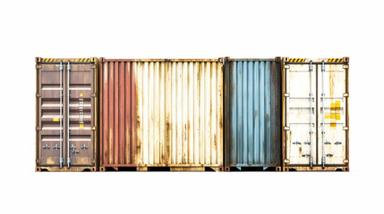 Four weathered cargo containers, port logistics, global trade