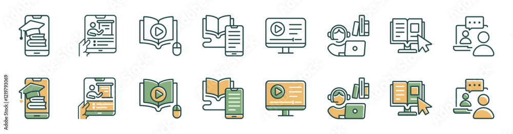 Aufkleber education online classroom learning icon line set seminar presentation course study media video book sign vector illustration for web and app