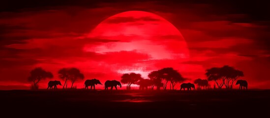 African Elephants Silhouette at Red Sunset Landscape