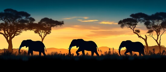 African Elephants Silhouette Sunset Safari Landscape Print