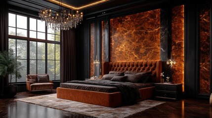 Luxurious dark bedroom, orange velvet bed, large window, marble wall, interior design