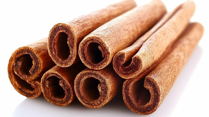 Aromatic cinnamon sticks on white background; culinary use
