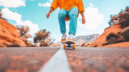 Skateboarding action open road sports photography desert environment dynamic viewpoint youthful freedom