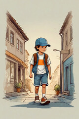boy wearing a cap and T-shirt with a backpack. Generative AI