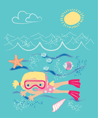 Girl Snorkeling in the Sea – Fun Underwater Summer Cartoon Illustration Graphic