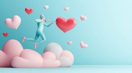 Heartfelt action of cupid jumping through clouds fantasy setting digital art cheerful atmosphere playful perspective