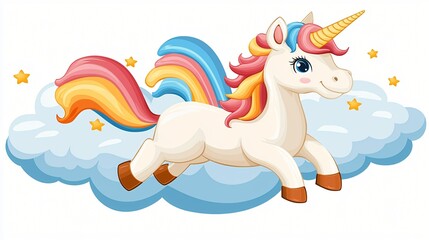 Rainbow Unicorn Galloping on Cloud.  Children's book illustration