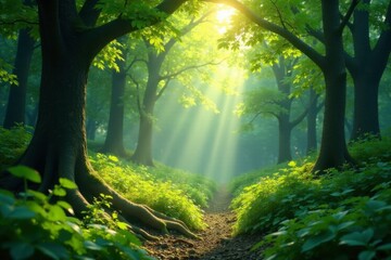 Lush greenery with sunbeams filtering through canopy, casting dappled light on forest floor, sunlight, woodland