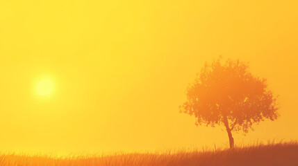 Obraz premium A silhouette of a tree against a golden yellow sunset, with a soft gradient blending into the horizon. golden horizon. illustration. Amber Horizon. Illustration