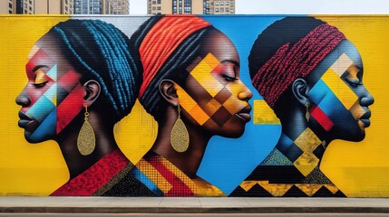 Large mural on city wall celebrates African, diaspora history during Black Awareness Day. Colorful art features important figures. Wallpainting shows symbols of strength, unity. Bright colors,