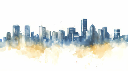Fototapeta premium A vibrant watercolor city skyline in blue and gold tones, depicting modern buildings against a light background. Amber Horizon. Illustration