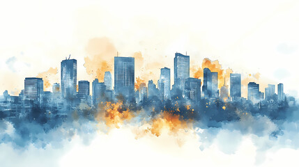 Fototapeta premium A vibrant watercolor city skyline in blue and gold tones, depicting modern buildings against a light background. Amber Horizon. Illustration