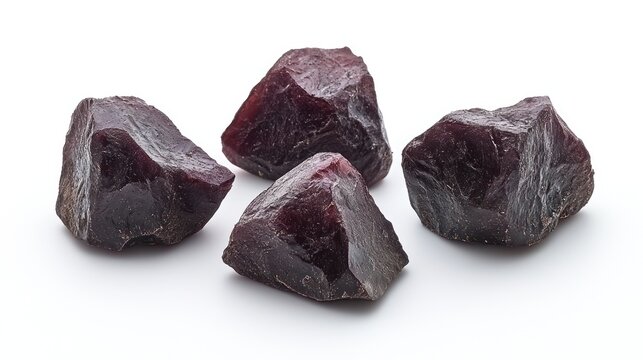 Four rough pyrope garnet gemstones on white.