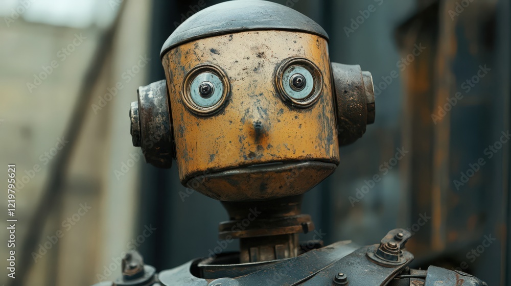 Poster close up view of a rusty robot head, with visible details of its mechanical design