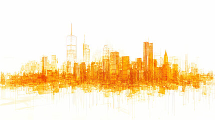 Fototapeta premium Futuristic city wireframe wireframe is golden yellow on white background. Amber Horizon. Illustration