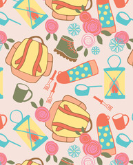 Camping themed seamless pattern with tents, mugs, marshmallows and lanterns
