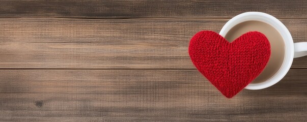 Fototapeta premium A cozy scene featuring a coffee cup and a red heart on a wooden table.