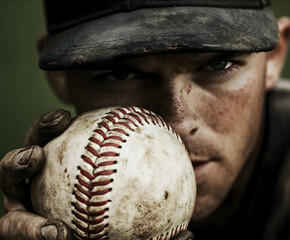 A pitcher adjusting his grip on the ball, the laces prominently displayed as he readies a fastball.



