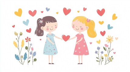 Charming Little Girls Couple in Pastel Colors