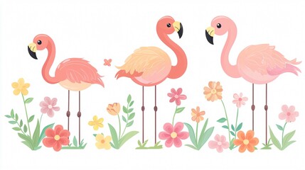 Naklejka premium Vibrant Flamingo Background with Beautiful Flowers and Plants