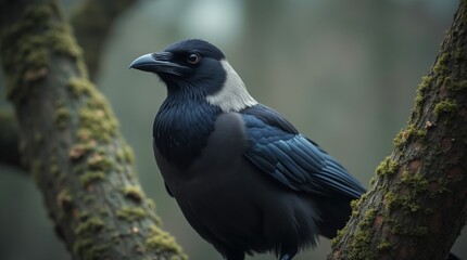 Obraz premium Crow in a tree, close-up, moody atmosphere