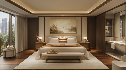 Luxurious hotel bedroom suite, city view