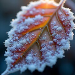Frost crystals on a leaf, vibrant colors, close-up, nature's artwork