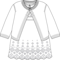 Technical flat sketch of girl's dress with bolero and embroidered hem
