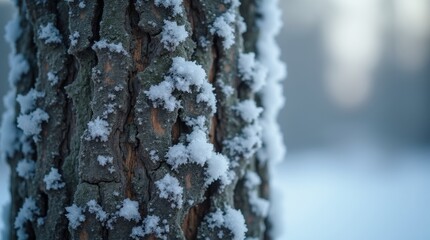 Fototapeta premium Frozen tree bark with snowflakes, close-up, winter wonderland